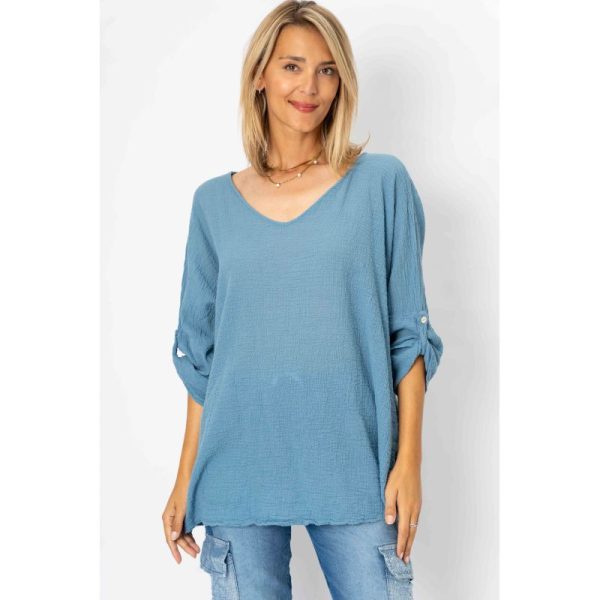 Look Mode 65270 Blue One Size V Neck Gauze Top with Necklace | Ooh Ooh Shoes women's clothing and shoe boutique located in Naples