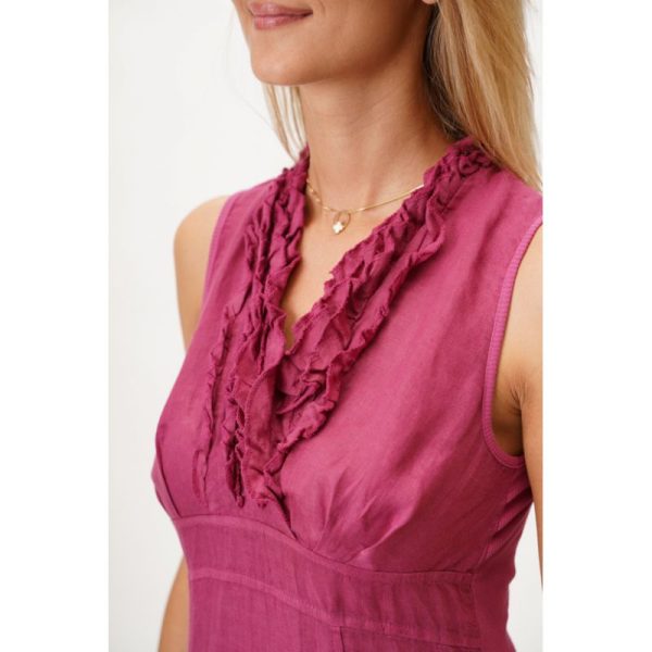 Look Mode 3131 Raspberry Linen V Neck Triple Ruffle Top Dress | Ooh Ooh Shoes women's clothing and shoe boutique located in Naples and Mashpee