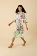 Hale Bob 52GQ630A Long Sleeve V Neck Zahra Midi Dress in Green Print | Ooh Ooh Shoes woman's clothing and shoe boutique located in Naples Florida