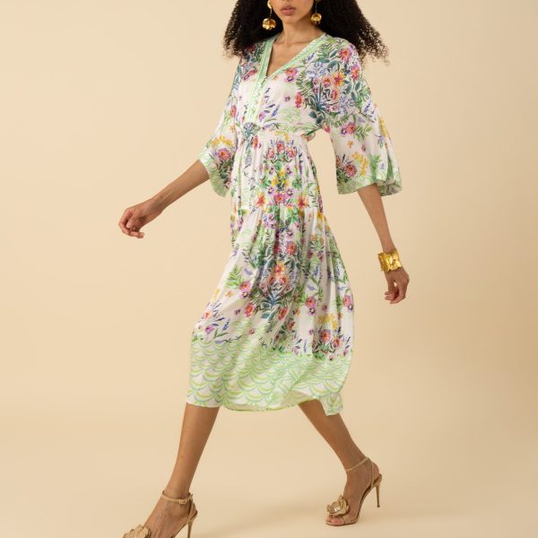 Hale Bob 52GQ630A Long Sleeve V Neck Zahra Midi Dress in Green Print | Ooh Ooh Shoes woman's clothing and shoe boutique located in Naples Florida