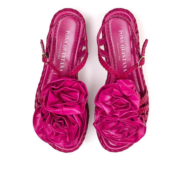 Pons Quintana 10269 Fuchsia Milan Lirio Braided Leather Low Flat Platform Sandal with Flowers | Ooh Ooh Shoes women's clothing and shoe boutique located in Naples and Mashpee