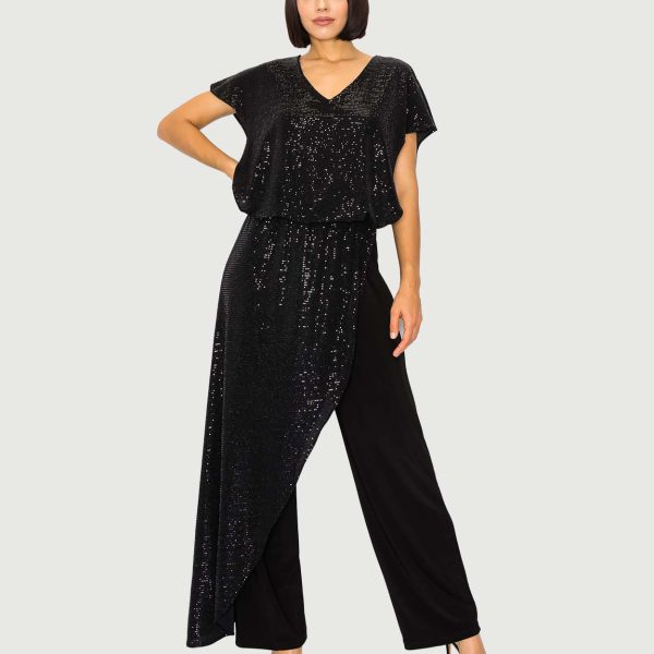 Last Tango MS1059A-SA Black V Neck Jumpsuit with Sparkle Overlay | Ooh Ooh Shoes clothing and shoe boutique located in Naples and Mashpee