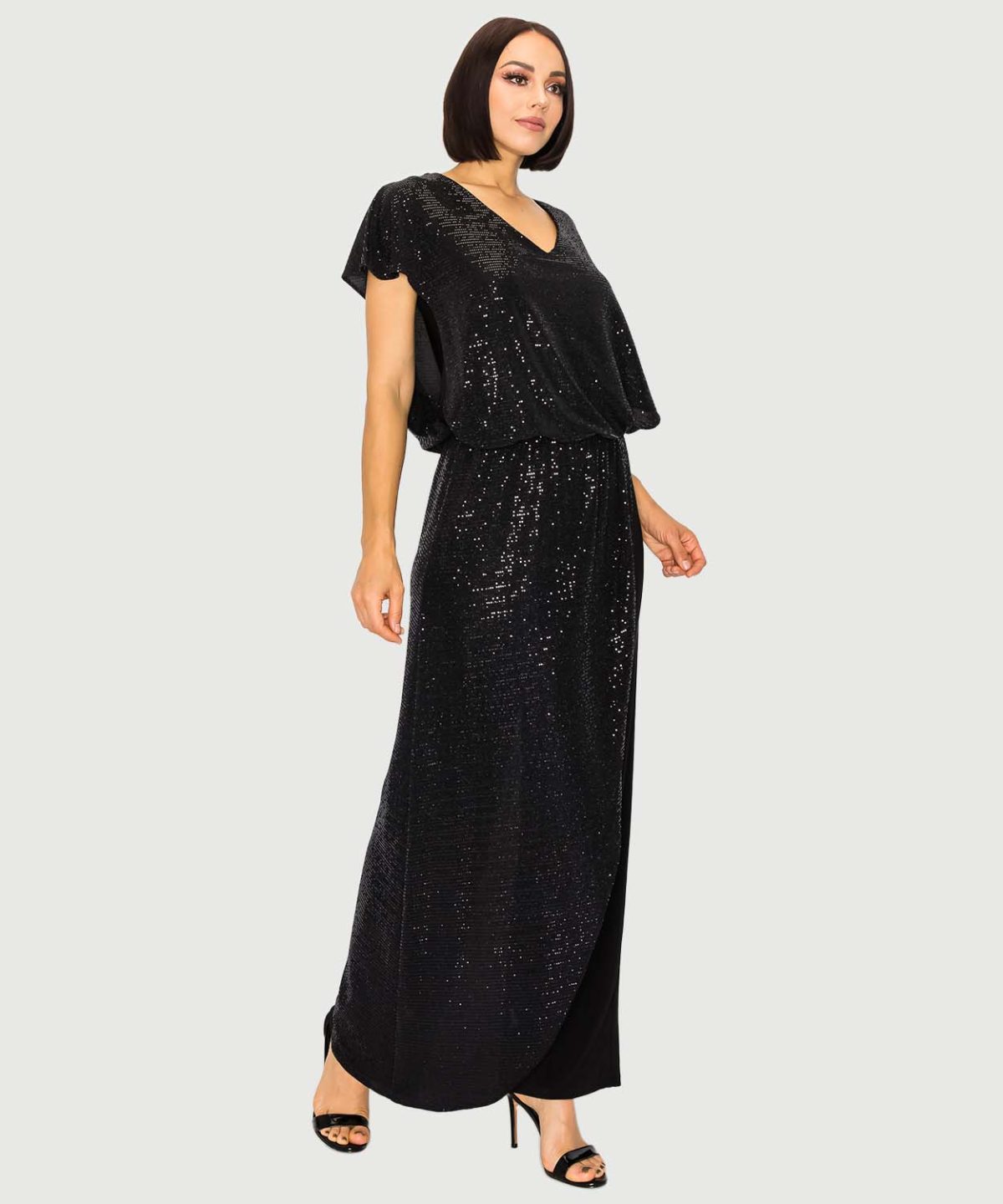 Last Tango MS1059A-SA Black V Neck Jumpsuit with Sparkle Overlay | Ooh Ooh Shoes clothing and shoe boutique located in Naples and Mashpee