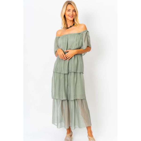 Look Mode 6091 Light Olive One Size Off The Shoulder Tiered 100% Silk Dress | Ooh Ooh Shoes women's clothing and shoe boutique located in Naples