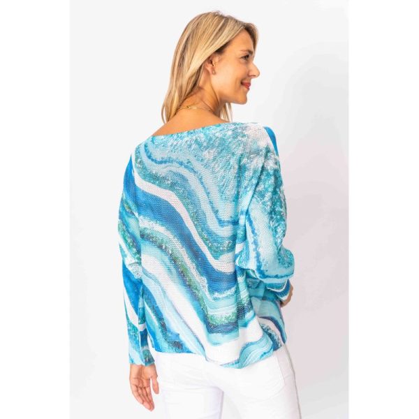 Look Mode 7050 Royal Blue One Size Ombre Waves Print Sweater | Ooh Ooh Shoes women's clothing and shoes boutique located in Naples