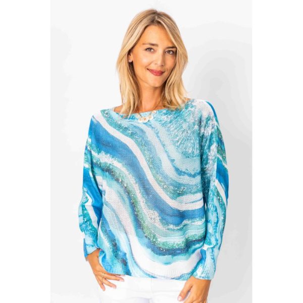 Look Mode 7050 Royal Blue One Size Ombre Waves Print Sweater | Ooh Ooh Shoes women's clothing and shoes boutique located in Naples