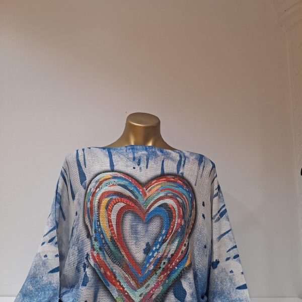 Brand Bazar 0906 Blue Lurex Heart Distressed Top | Ooh Ooh Shoes women's clothing and shoe boutique located in Naples