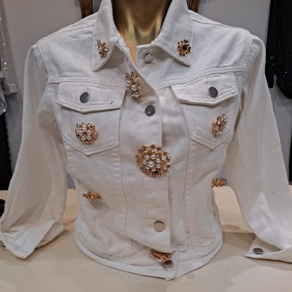 Aum-Couture White Jean Jacket With Pearl Pins On Front | Ooh Ooh Shoes women's clothing and shoe boutique located in Naples