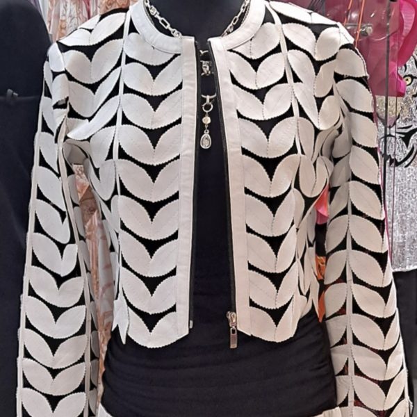 Belgin Francis Leather White Short Leaf Jacket | Ooh Ooh Shoes women's clothing and shoe boutique located in Naples