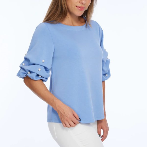 Lior Zila Cornflower Round Neck Knit Top With Pearl Puff Short Sleeve | Ooh Ooh Shoes women's clothing and shoe boutique located in Naples