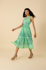 Hale Bob 52DP612A Liv Midi Dress in Green Print with Trim detail at Neck Armhole and Hem | Ooh Ooh Shoes woman's clothing and shoe boutique located in Naples Florida