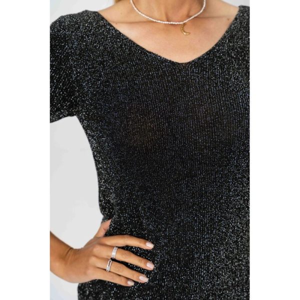 Look Mode 1807 Black One Size Shimmer V Neck Sweater | Ooh Ooh Shoes women's clothing and shoe boutique located in Naples