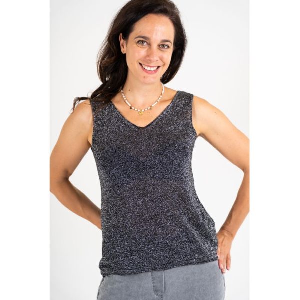 Look Mode 1946 Black One Size Shimmer V Neck Tank | Ooh Ooh Shoes women's clothing and shoe boutique located in Naples