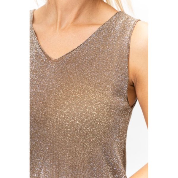 Look Mode 1946 Taupe One Size Shimmer V Neck Tank | Ooh Ooh Shoes women's clothing and shoe boutique located in Naples