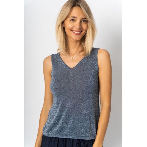 Look Mode 1946 Blue One Size Shimmer V Neck Tank | Ooh Ooh Shoes women's clothing and shoe boutique located in Naples
