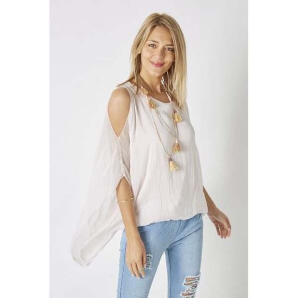 Look Mode 2359 Pink One Size Silk Cold Shoulder Top | Ooh Ooh Shoes women's clothing and shoe boutique located in Naples