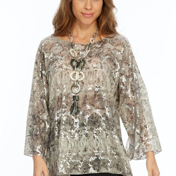 Lior S1008-A145 One Size Semi Sheer Silver Foil Snake Print Blouse | Ooh Ooh Shoes women's clothing and shoe boutique located in Naples