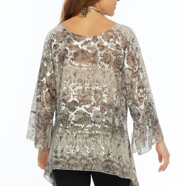 Lior S1008-A145 One Size Semi Sheer Silver Foil Snake Print Blouse | Ooh Ooh Shoes women's clothing and shoe boutique located in Naples