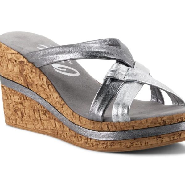 Onex Simona Pewter Cross Band Leather Slide Wedge Sandal | Ooh Ooh Shoes women's clothing and shoe boutique located in Naples