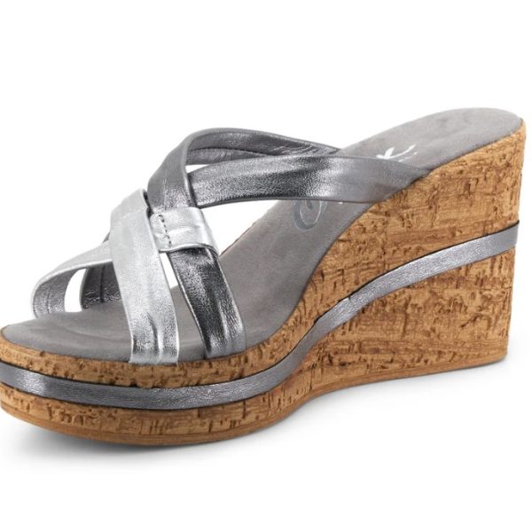 Onex Simona Pewter Cross Band Leather Slide Wedge Sandal | Ooh Ooh Shoes women's clothing and shoe boutique located in Naples