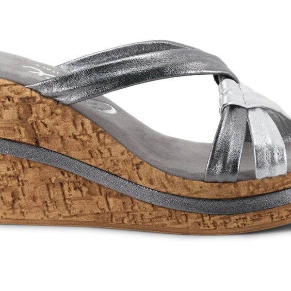 Onex Simona Pewter Crossband Leather Slide Wedge Sandal | Ooh Ooh Shoes women's clothing and shoe boutique located in Naples