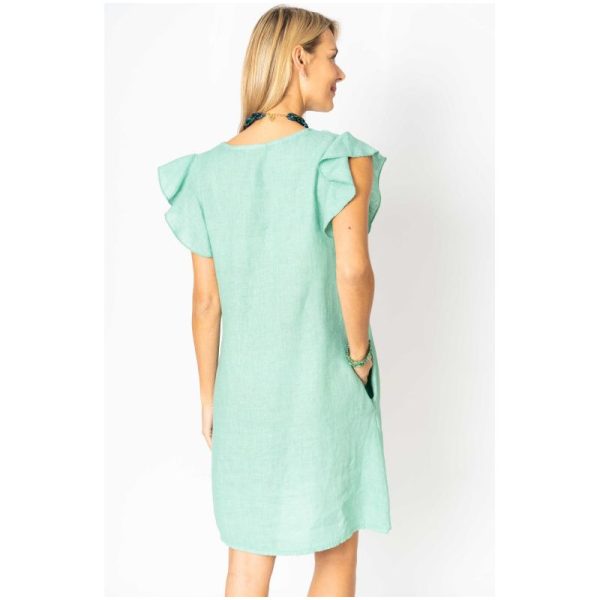 Look Mode 1313 Solid Green Linen Ruffled Cap Sleeve Dress | Ooh Ooh Shoes women's clothing and shoe boutique located in Naples