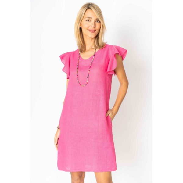 Look Mode 1313 Solid Fuchsia Linen Ruffled Cap Sleeve Dress | Ooh Ooh Shoes women's clothing and shoe boutique located in Naples