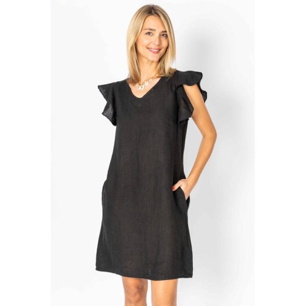 Look Mode 1313 Solid Black Linen Ruffled Cap Sleeve Dress | Ooh Ooh Shoes women's clothing and shoe boutique located in Naples