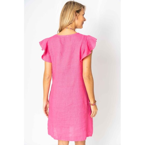 Look Mode 1313 Solid Fuchsia Linen Ruffled Cap Sleeve Dress | Ooh Ooh Shoes women's clothing and shoe boutique located in Naples