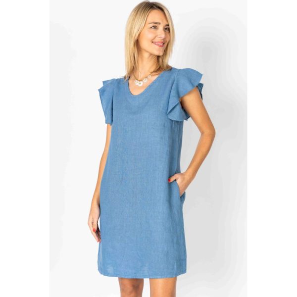 Look Mode 1313 Solid Blue Denim Linen Ruffled Cap Sleeve Dress | Ooh Ooh Shoes women's clothing and shoe boutique located in Naples