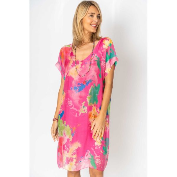 Look Mode 3002SPL One Size Pink Splash Print Silk Dress | Ooh Ooh Shoes women's clothing and shoe boutique located in Naples