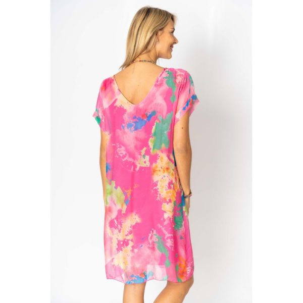 Look Mode 3002SPL One Size Pink Splash Print Silk Dress | Ooh Ooh Shoes women's clothing and shoe boutique located in Naples