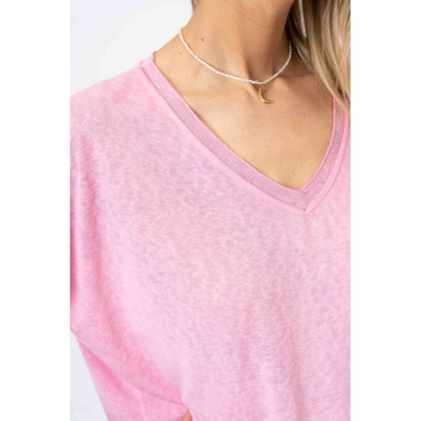 Look Mode 810761 One Size Pink V Neck Short Bat Sleeve Top | Ooh Ooh Shoes women's clothing and shoe boutique located in Naples