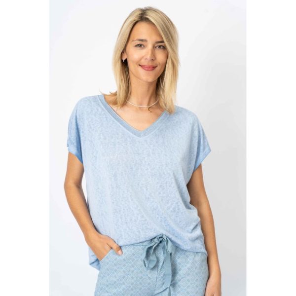 Look Mode 810761 One Size Light Blue V Neck Short Bat Sleeve Top | Ooh Ooh Shoes women's clothing and shoe boutique located in Naples