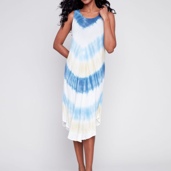 Charlie B C3147TR-514B Blue Tie Dye Sleeveless Flare Rayon Dress | Ooh Ooh Shoes women's clothing and shoe boutique located in Naples