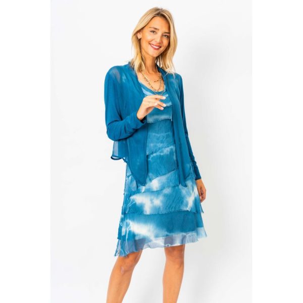 Look Mode 8900SP Teal One Size Silk Spray Paint Short Layered Dress | Ooh Ooh Shoes women's clothing and shoe boutique located in Naples